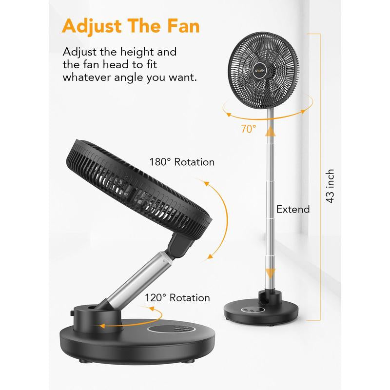 SPOVEN 12” Oscillating Pedestal Fan with Remote - 12000mAh Battery, Portable & Foldable for Home, Bedroom & Travel