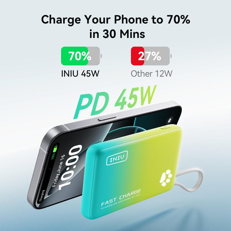 INIU Pawgo 45W Power Bank, Portable Charger, Slimmest 10000Mah Power Bank with Build in USB-C Cable, 45W PD Fast Charging USB C In&Out Battery Pack, External Phone Charger for Iphone 16 15 14 13 12 11 Samsung S24 S23 S22 S21 Google Etc Compact Handy