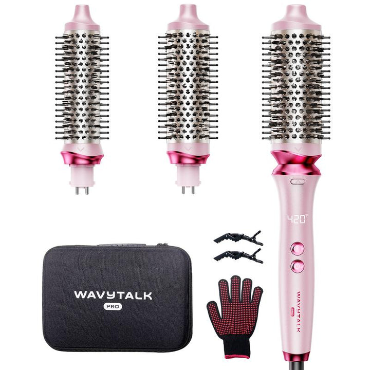 Wavytalk Heatwave Pro Ionic Thermal Brush Set - Achieve Salon-Quality Shine & Effortless Blowouts with Interchangeable Brushes for All Hair Lengths - Stylish Pink Design