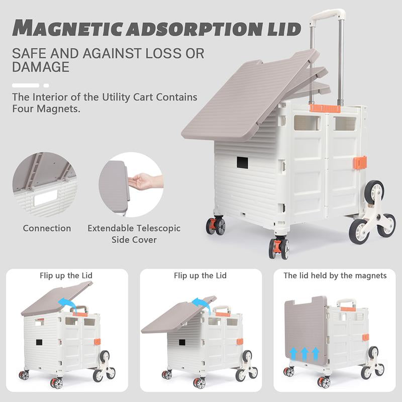 SELORSS BY10C Foldable Utility Cart with Stair Climbing Wheels - Collapsible Rolling Crate with Magnetic Lid and Telescopic Handle for Easy Transport and Storage