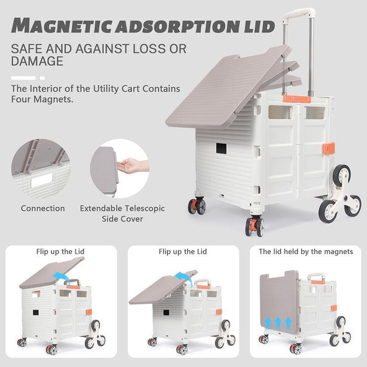 SELORSS BY10C Foldable Utility Cart with Stair Climbing Wheels - Collapsible Rolling Crate with Magnetic Lid and Telescopic Handle for Easy Transport and Storage