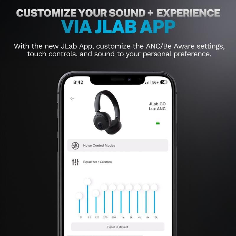 JLab Go Lux Active Noise Cancelling On-Ear Headphones - 70+ Hours Bluetooth, Hybrid ANC, Be Aware Mode & Spatial Audio for Android