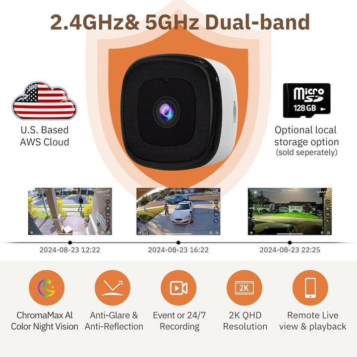 3MP 2K Indoor Security Camera with Night Vision, Motion Detection & 24/7 Recording - Easy Install, Dual Wifi Connectivity