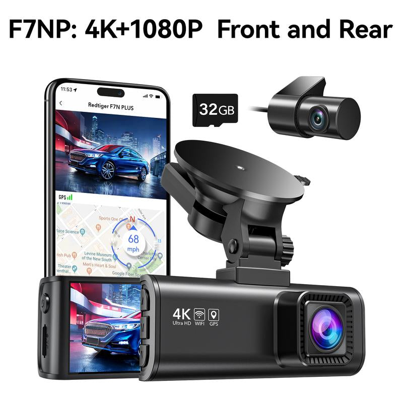 REDTIGER F7NP Dash Cam - 4K Front & 2.5K Rear, Wi-Fi & GPS, 3.16" IPS Screen, Night Vision, 170° Wide Angle, 24H Parking Mode