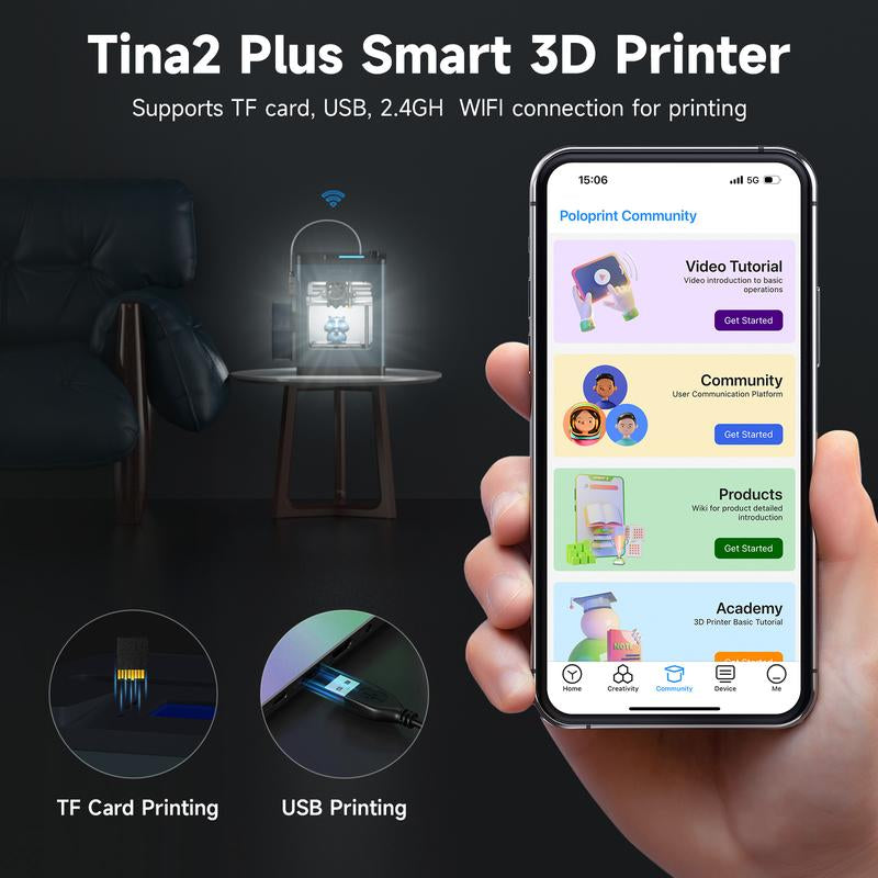 Tina2Plus 3D Printer - High-Speed 250mm/s Mini FDM Printer with Auto Leveling & WiFi, Ideal for Kids and Beginners, Fully Assembled with Spring Steel Platform
