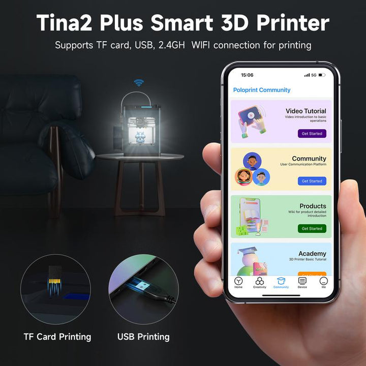 Tina2Plus 3D Printer - High-Speed 250mm/s Mini FDM Printer with Auto Leveling & WiFi, Ideal for Kids and Beginners, Fully Assembled with Spring Steel Platform