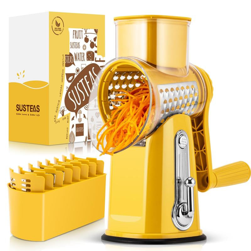 SUSTEAS Retro Green Rotary Cheese Grater with 5 Blades & Strong Suction Base - Perfect Mandoline Slicing Kitchen Tool!