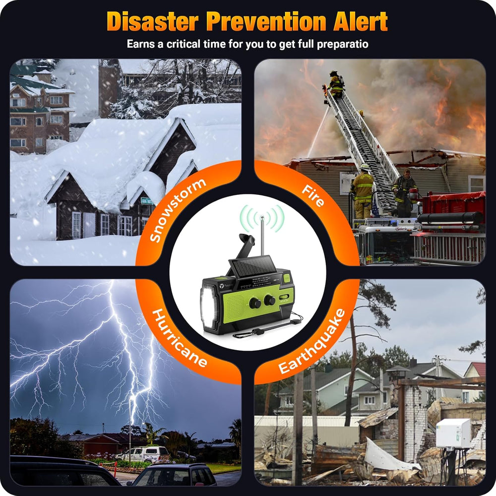 4000mAh Emergency Weather Radio - Portable Hand Crank & Solar Charging, LED Flashlight, SOS Alarm, AM/FM/NOAA, Motion Sensor Reading Lamp