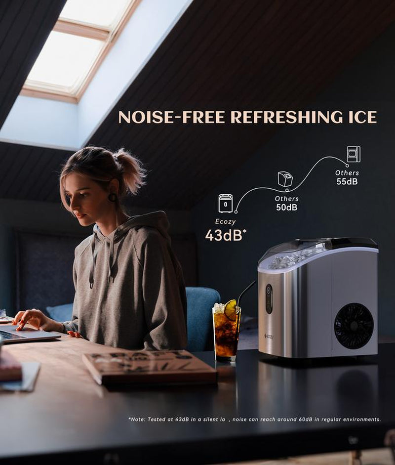 Ecozy Countertop Sonic Nugget Ice Maker - Chewable Ice Cubes, 33 Lbs Daily Output, Self-Cleaning Stainless Steel for Parties, Kitchens, and Bars