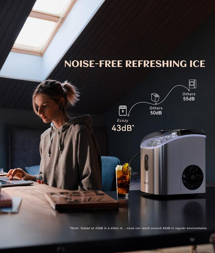 Ecozy Countertop Sonic Nugget Ice Maker - Chewable Ice Cubes, 33 Lbs Daily Output, Self-Cleaning Stainless Steel for Parties, Kitchens, and Bars