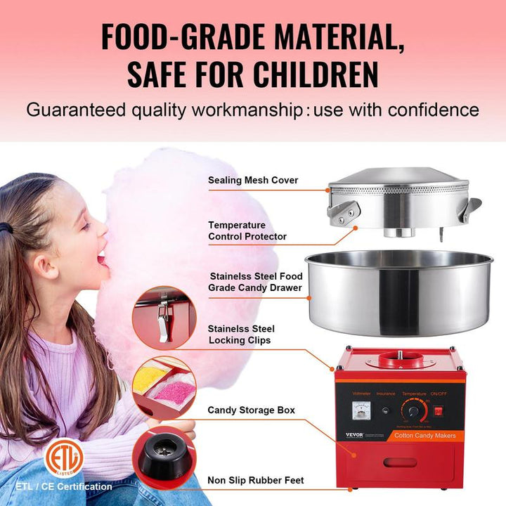 VEVOR Commercial Electric Cotton Candy Machine - 1000W Candy Floss Maker with Stainless Steel Bowl, Sugar Scoop & Drawer - Ideal for Kids' Birthdays & Family Parties - Vibrant Red