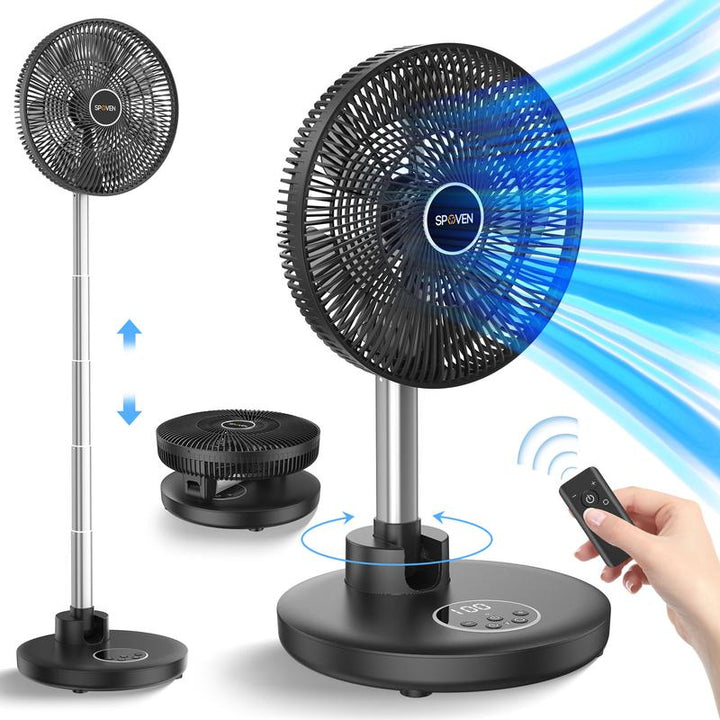 SPOVEN 12” Oscillating Pedestal Fan with Remote - 12000mAh Battery, Portable & Foldable for Home, Bedroom & Travel