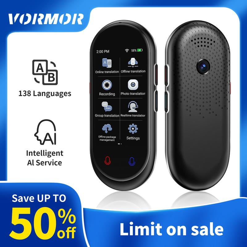 Vormor Portable Language Translator Device - 138 Languages, 3.1" Screen, Smart Voice & Photo Translation, Rechargeable & Multifunctional for Travel, Learning & Office Use