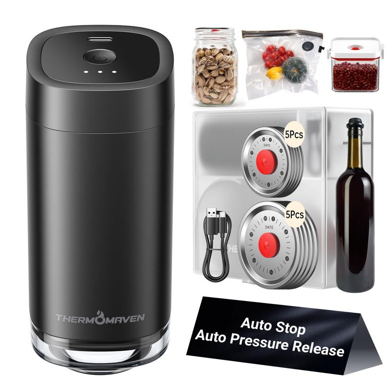 Thermomaven Cordless Handheld Vacuum Food Sealer Kit, Patented 4-In-1 High-Efficient Automatic Vacuum System for Vacuum Sealer Bags, Mason Jar, Storage Box Containers and Wine Stoppers, Included 10X Reusable Mason Jar Lids, Fathersdaygift
