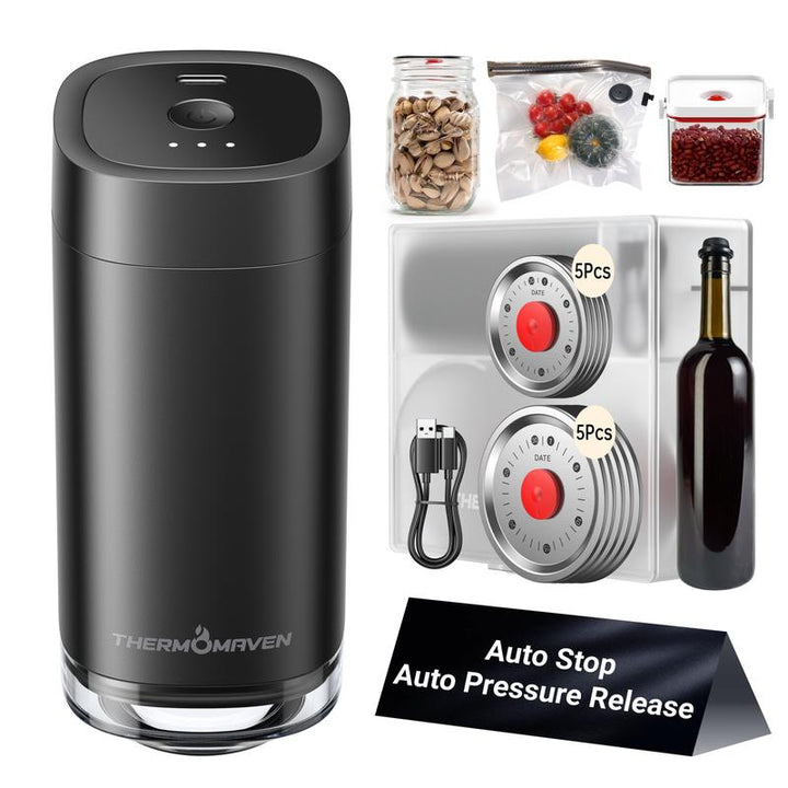 Thermomaven Cordless Handheld Vacuum Food Sealer Kit, Patented 4-In-1 High-Efficient Automatic Vacuum System for Vacuum Sealer Bags, Mason Jar, Storage Box Containers and Wine Stoppers, Included 10X Reusable Mason Jar Lids, Fathersdaygift