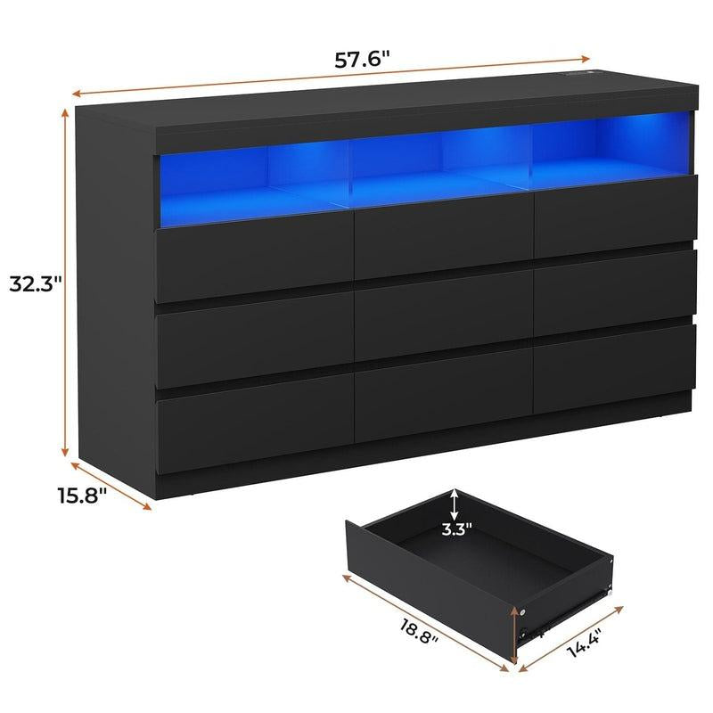 Modern Sikaic 9-Drawer Dresser Chest with LED RGB Lights – Stylish Bedroom Storage Solution