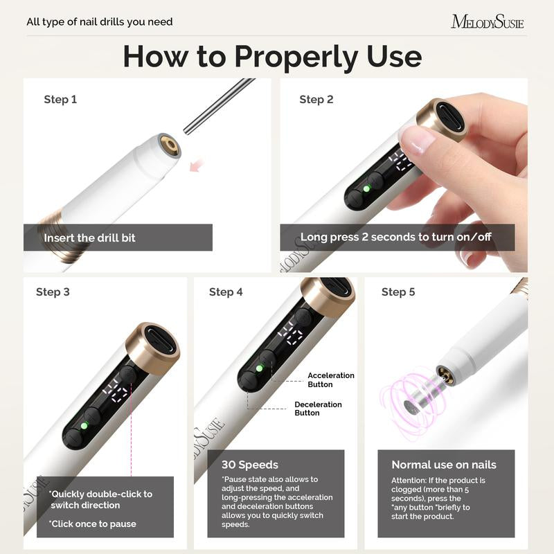 Melodysusie PM170F Rechargeable Nail Drill - Lightweight 30,000 RPM for Perfect Manicures