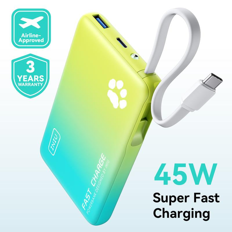 INIU Pawgo 45W Power Bank, Portable Charger, Slimmest 10000Mah Power Bank with Build in USB-C Cable, 45W PD Fast Charging USB C In&Out Battery Pack, External Phone Charger for Iphone 16 15 14 13 12 11 Samsung S24 S23 S22 S21 Google Etc Compact Handy