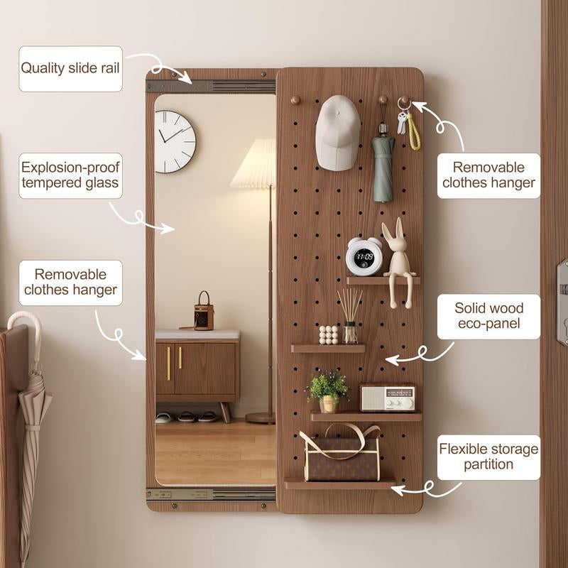 Rustic Full-Length Wall Mirror with Shelf & Hooks - Solid Wood Multifunctional Panel for Bedroom, Living Room, Entryway