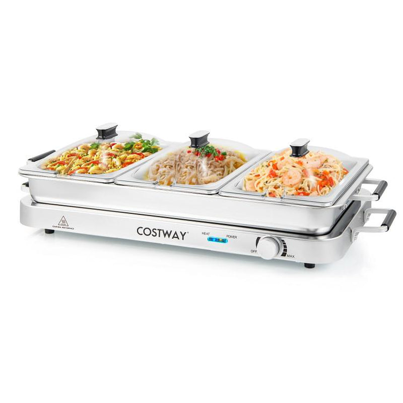 Costway 2-in-1 Electric Buffet Server and Warming Tray - 450W Stainless Steel Chafing Dish with Temperature Control, 3 Serving Trays, 8 Qt Food Warmer Station for Parties and Events - Perfect Mother's Day Gift!