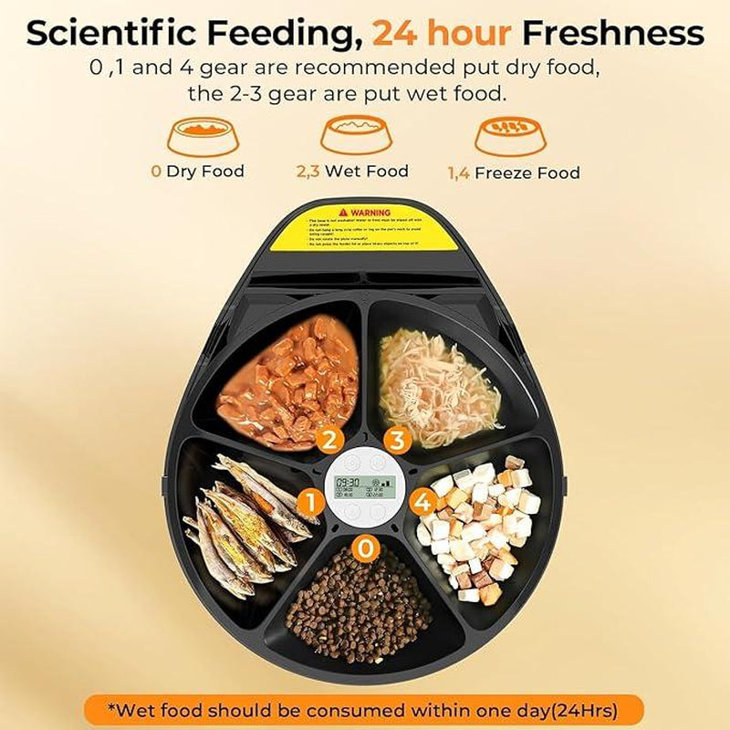 Ubpet 5-Meal Automatic Cat Feeder with Cooling Technology - Timed Feeding for Wet & Dry Food, 24-Hour Freshness