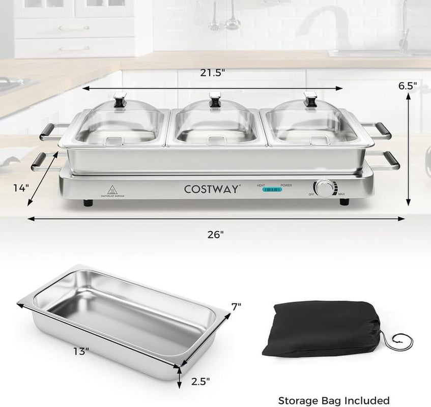 Costway 2-in-1 Electric Buffet Server and Warming Tray - 450W Stainless Steel Chafing Dish with Temperature Control, 3 Serving Trays, 8 Qt Food Warmer Station for Parties and Events - Perfect Mother's Day Gift!