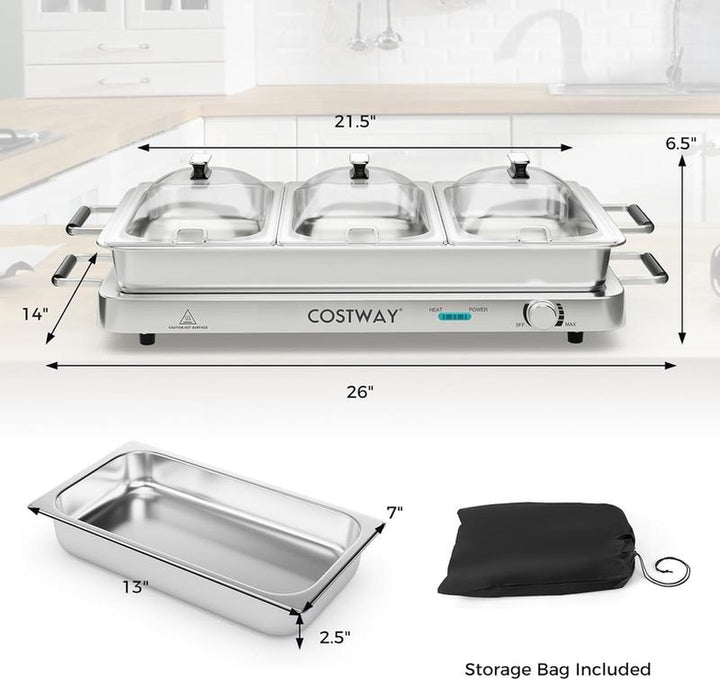 Costway 2-in-1 Electric Buffet Server and Warming Tray - 450W Stainless Steel Chafing Dish with Temperature Control, 3 Serving Trays, 8 Qt Food Warmer Station for Parties and Events - Perfect Mother's Day Gift!