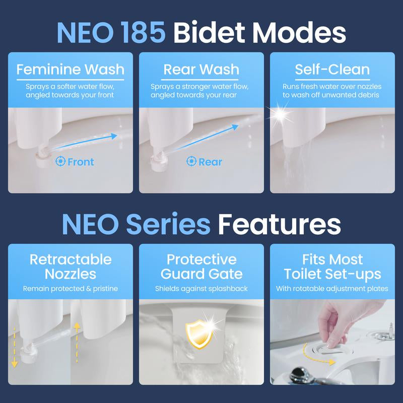 LUXE NEO 185 Bidet Attachment - Self-Cleaning Dual Nozzle, Adjustable Water Pressure for Ultimate Comfort and Hygiene