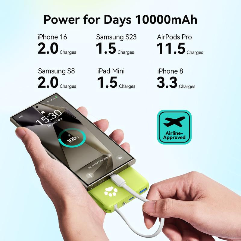 INIU Pawgo 45W Power Bank, Portable Charger, Slimmest 10000Mah Power Bank with Build in USB-C Cable, 45W PD Fast Charging USB C In&Out Battery Pack, External Phone Charger for Iphone 16 15 14 13 12 11 Samsung S24 S23 S22 S21 Google Etc Compact Handy