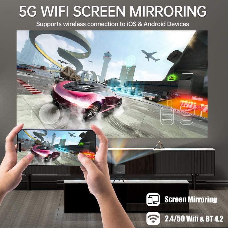 Ultra-Compact Mini Projector with 9.0 Android, 5G WiFi, Bluetooth, 3D & 4K Support, Rechargeable Battery, Mobile Connectivity, HDMI & USB, Automatic Keystone Correction, and Built-In Audio