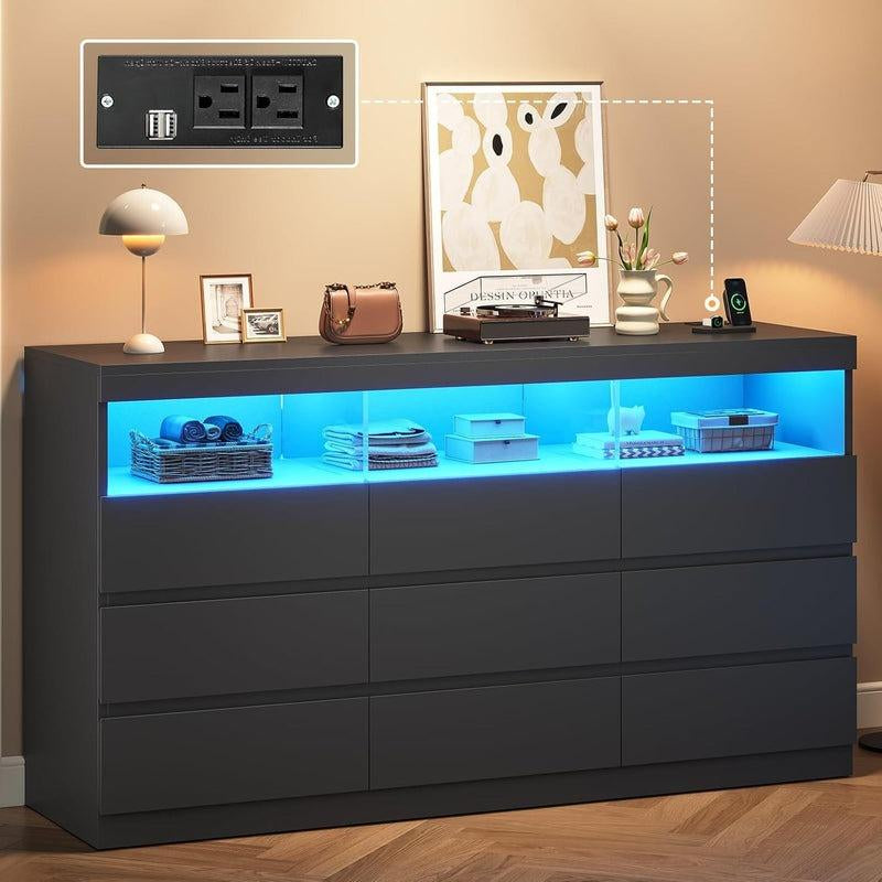 Modern Sikaic 9-Drawer Dresser Chest with LED RGB Lights – Stylish Bedroom Storage Solution