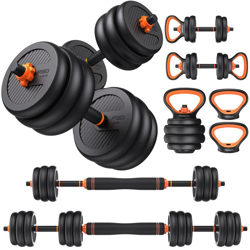 FEIERDUN 4-in-1 Adjustable Dumbbells Set (20/90 Lbs) - Versatile Home Gym Equipment for Barbell, Kettlebell & Push-Ups - Perfect for Men & Women