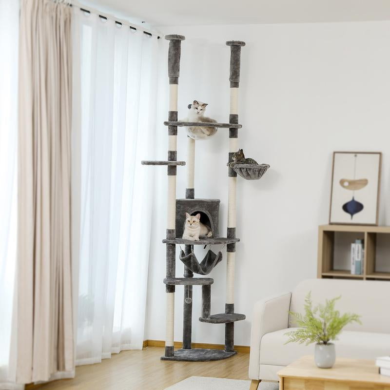 Adjustable PAWZ Road 92.9-101.6 Inch Floor to Ceiling Cat Tree with Scratching Posts, Condo, Perches & Hammock – Perfect for Indoor Cats!