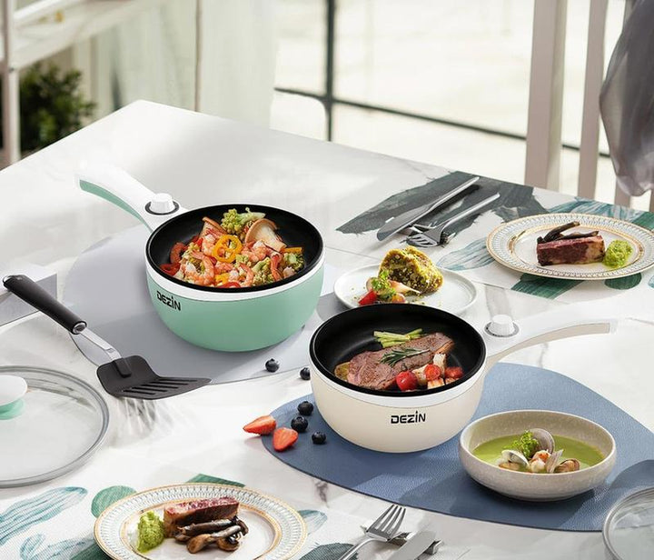 Dezin Spring Sales Electric Pot, Non-Stick Sauté Pan, Mini Electric Fondue Pot for Cheese, Stir Fry, Roast, Steam with Power Adjustment, Perfect for Ramen, Steak, Pink (Egg Rack Included)