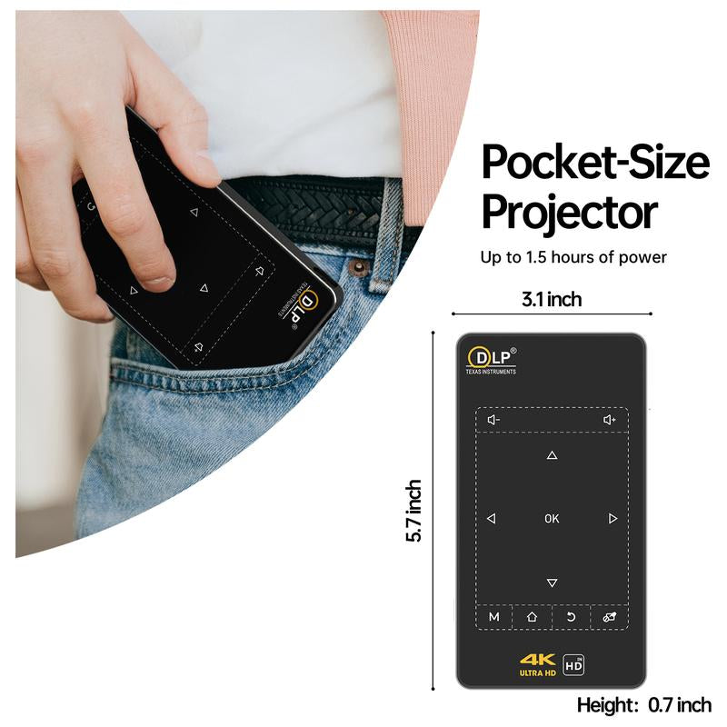 Ultra-Compact Mini Projector with 9.0 Android, 5G WiFi, Bluetooth, 3D & 4K Support, Rechargeable Battery, Mobile Connectivity, HDMI & USB, Automatic Keystone Correction, and Built-In Audio