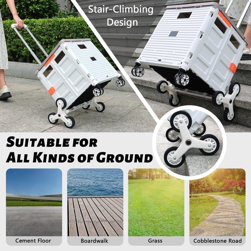 SELORSS BY10C Foldable Utility Cart with Stair Climbing Wheels - Collapsible Rolling Crate with Magnetic Lid and Telescopic Handle for Easy Transport and Storage