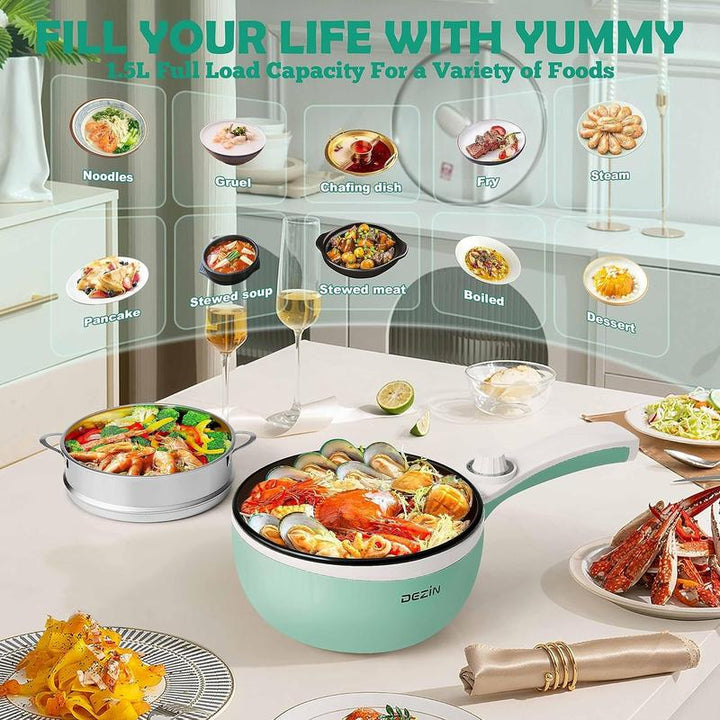 Dezin Spring Sales Electric Pot, Non-Stick Sauté Pan, Mini Electric Fondue Pot for Cheese, Stir Fry, Roast, Steam with Power Adjustment, Perfect for Ramen, Steak, Pink (Egg Rack Included)