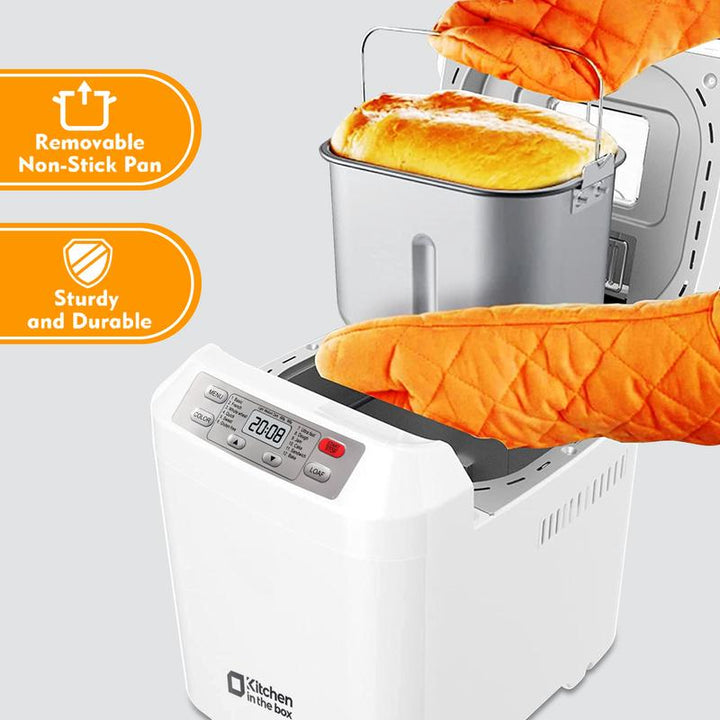 Premium 12-in-1 Automatic Bread Maker - 2LB Capacity, Auto Fruit & Nut Dispenser, Gluten-Free Options, 13-Hour Timer, 1-Hour Keep Warm, 3 Crust Colors - Sleek White Design