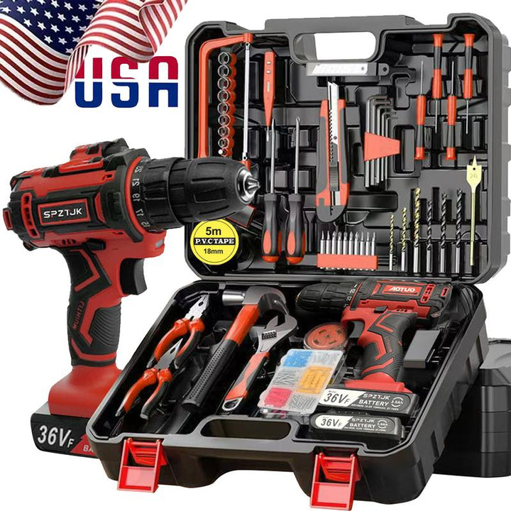 SPZTJK 128-Piece 36V Lithium-Ion Cordless Drill & Tool Set – Ultimate Power Drill Kit with Battery & Charger for DIY Enthusiasts & Homeowners - Ideal Gift for Home Improvement Projects (Red)