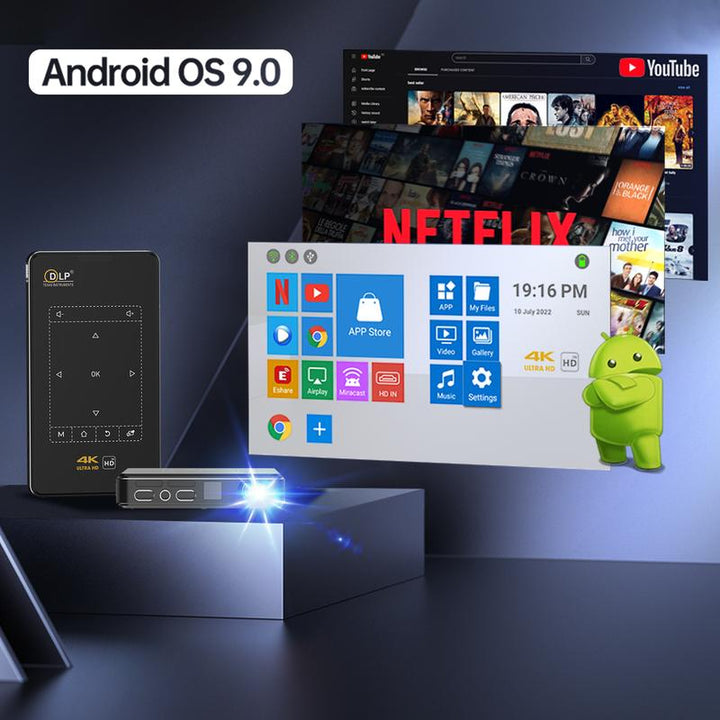 Ultra-Compact Mini Projector with 9.0 Android, 5G WiFi, Bluetooth, 3D & 4K Support, Rechargeable Battery, Mobile Connectivity, HDMI & USB, Automatic Keystone Correction, and Built-In Audio