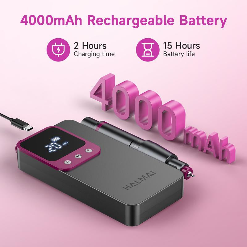 HALMAI Ultra Power Cordless Nail Drill - Professional Electric File for Acrylic & Gel Nails, Vibration-Free with 10-Second Gel Removal, Dark Grey