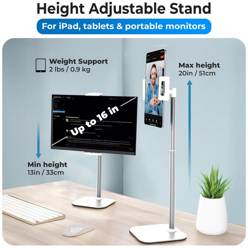 Height-Adjustable Ipad Stand for Desk with Metal Base, 16" Portable Monitor Holder. 360° Rotation & Tilt for Ipad, Tablets, & Digital Devices.