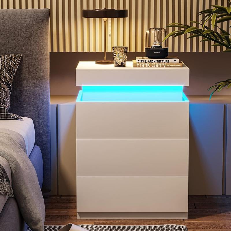 Sikaic Modern Nightstand with Sliding Top Charging Station & LED Lights - Stylish Bedroom Furniture
