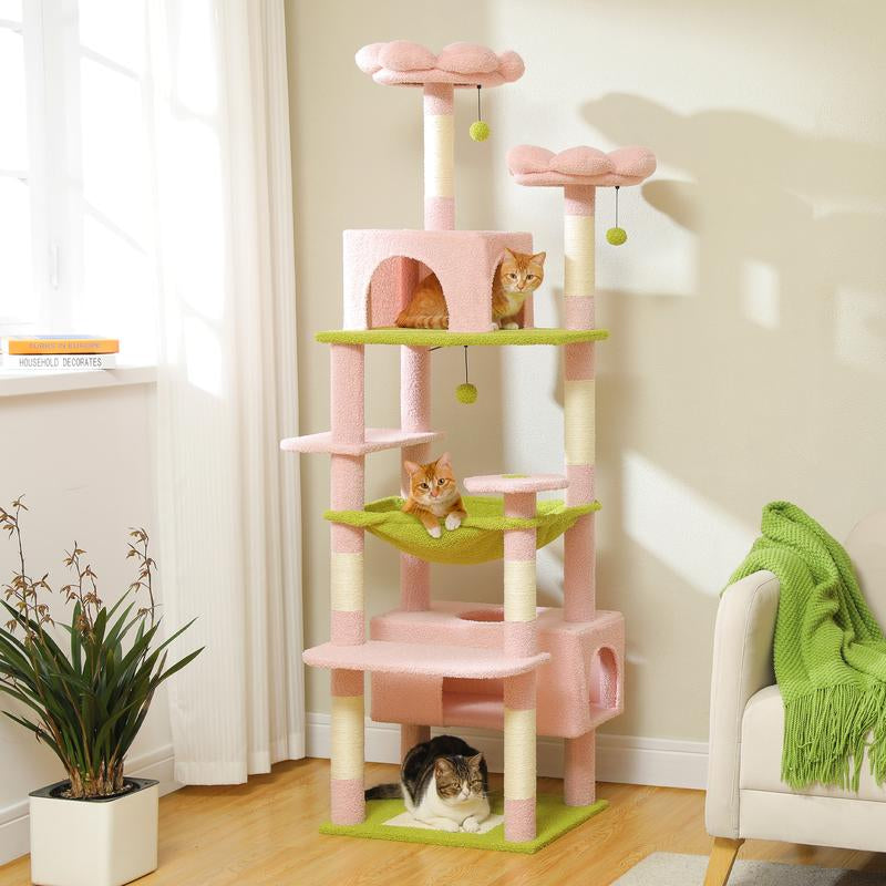 Luxurious 72-Inch Flower & Cactus Cat Tree with Scratching Posts, Cozy Perches, and Condos – Perfect Indoor Playground for Your Feline Friend (Gray/Dark Gray/Beige)