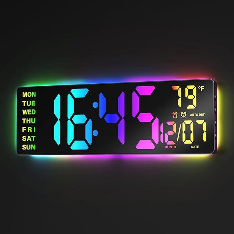 16.5" Large Digital Wall Clock with Remote Control - RGB Atmosphere Lights, Dual Alarms & Big LED Display for Home, Classroom & Game Decor - Auto DST Adjustment
