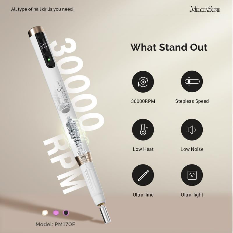 Melodysusie PM170F Rechargeable Nail Drill - Lightweight 30,000 RPM for Perfect Manicures