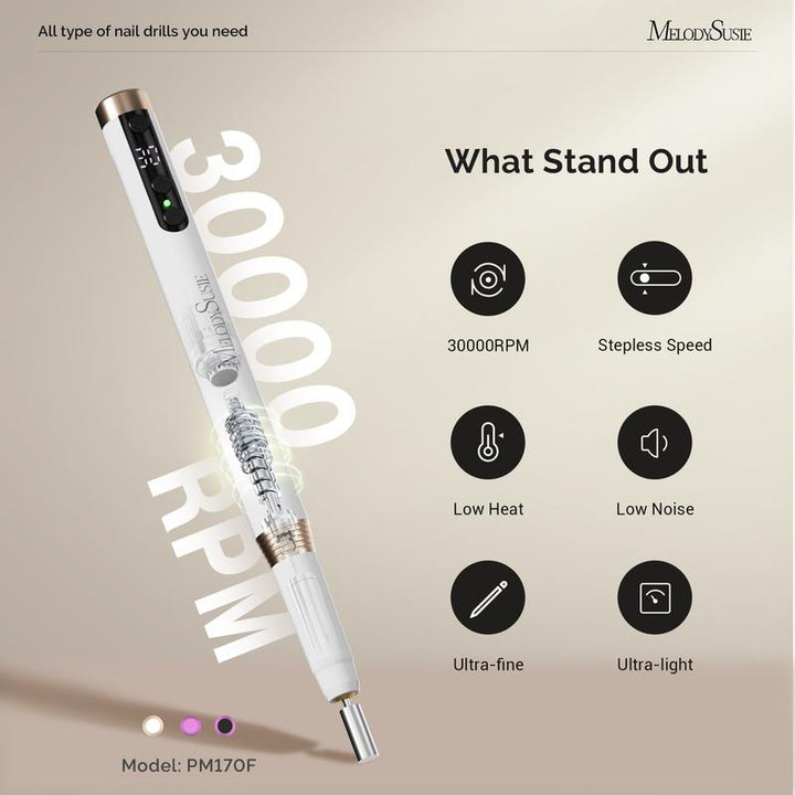 Melodysusie PM170F Rechargeable Nail Drill - Lightweight 30,000 RPM for Perfect Manicures
