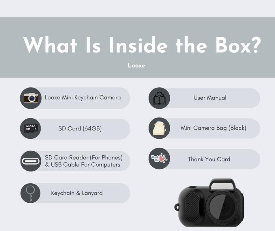 Tiny Looxe 64GB Mini Keychain Camera - Retro Style, 1080P HD, Built-In Screen for Capturing Memories