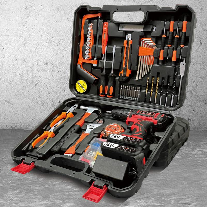 SPZTJK 128-Piece 36V Lithium-Ion Cordless Drill & Tool Set – Ultimate Power Drill Kit with Battery & Charger for DIY Enthusiasts & Homeowners - Ideal Gift for Home Improvement Projects (Red)