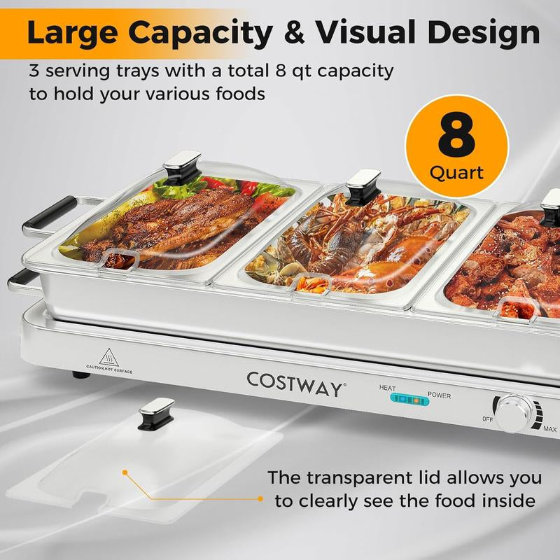 Costway 2-in-1 Electric Buffet Server and Warming Tray - 450W Stainless Steel Chafing Dish with Temperature Control, 3 Serving Trays, 8 Qt Food Warmer Station for Parties and Events - Perfect Mother's Day Gift!